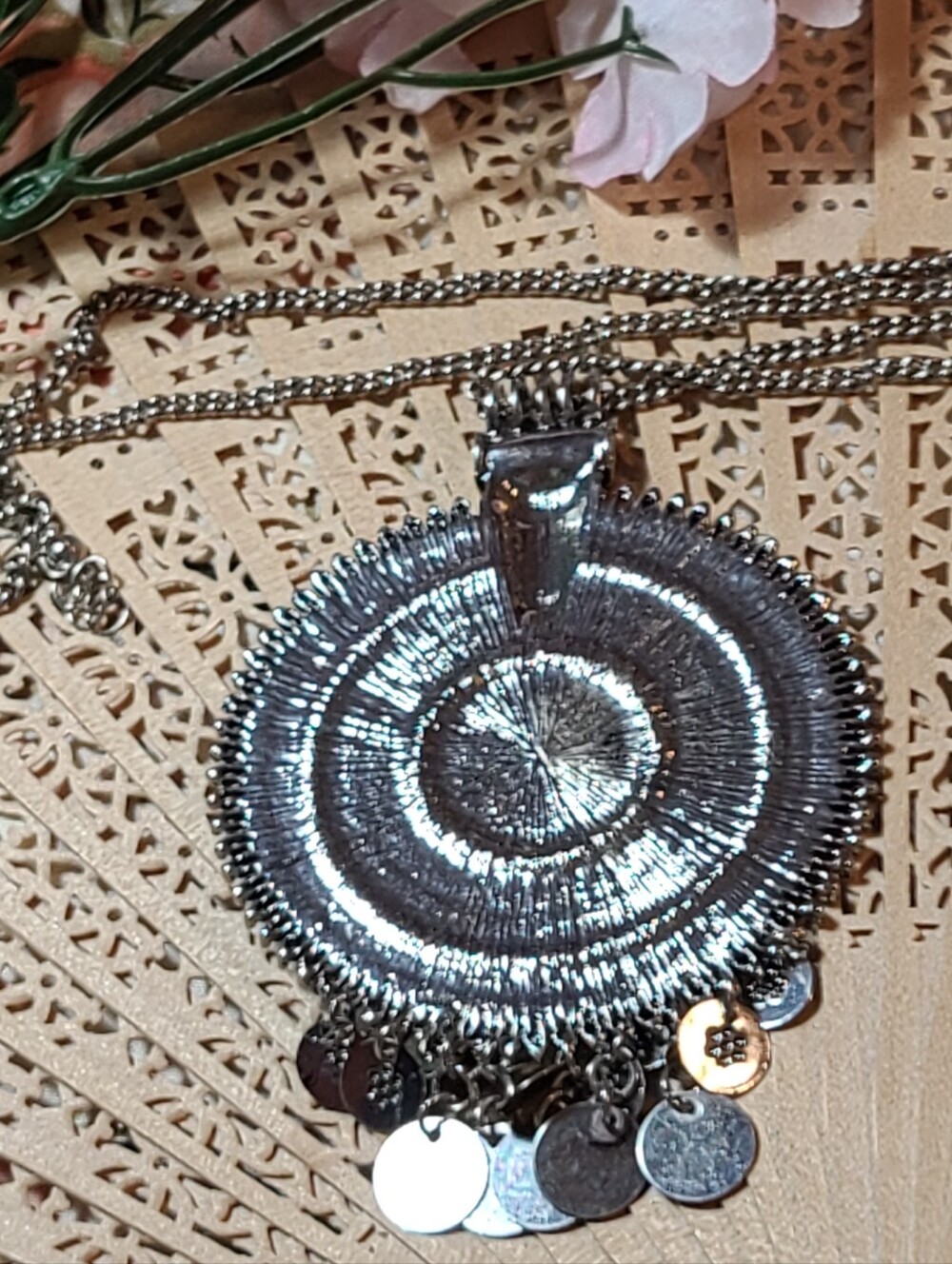 Vintage Silver Round Disc Pendant Necklace with Dangling Coins
